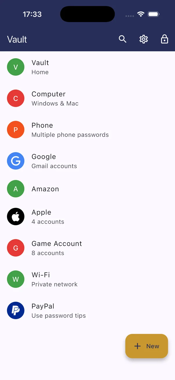 OwnVault iOS vault showing example entries for phone, Google, Amazon, Apple, Wi-Fi, and PayPal